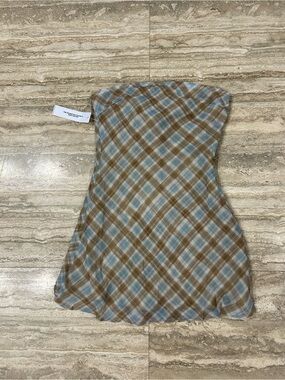 NWT Princess Polly Plaid Strapless Dress in Light Blue and Brown